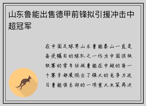 山东鲁能出售德甲前锋拟引援冲击中超冠军
