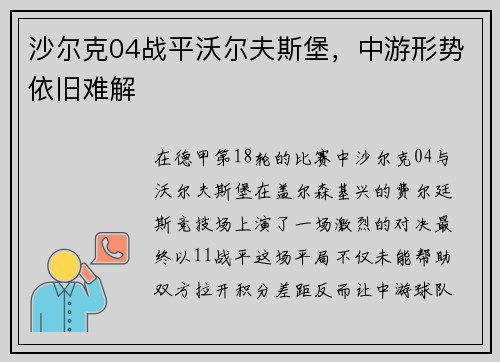 沙尔克04战平沃尔夫斯堡，中游形势依旧难解