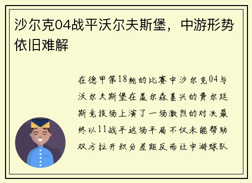 沙尔克04战平沃尔夫斯堡，中游形势依旧难解